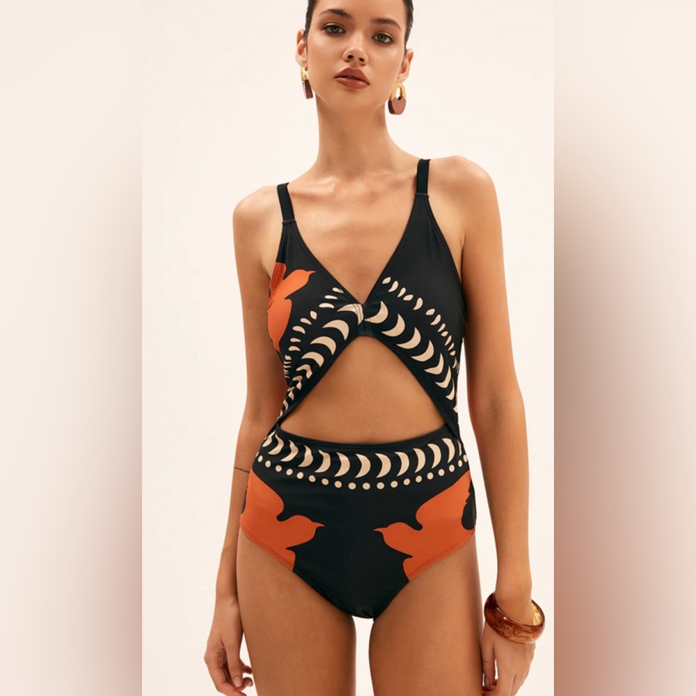 Commense Bird Print Cutout One Piece Bathing Suit